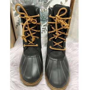 Sperry Leather Duck Saltwater High Heel Boots Waterproof Spring Black Gum 7.5